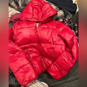 Red puffer jacket size large a few teeth missing on zipper but still works